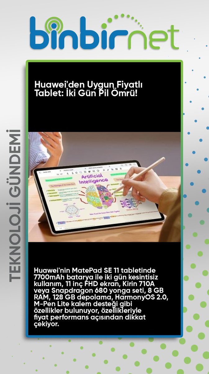 binbirnet's tweet image. Bataryası iki gün gidiyor! Huawei&apos;den bütçe dostu yeni tablet
 Haberin Devamı İçin binbirnet.com.tr/blog.html 
#Huawei #MatePadSE #HarmonyOS2 #TabletTeknolojisi #KesintisizDeneyim
