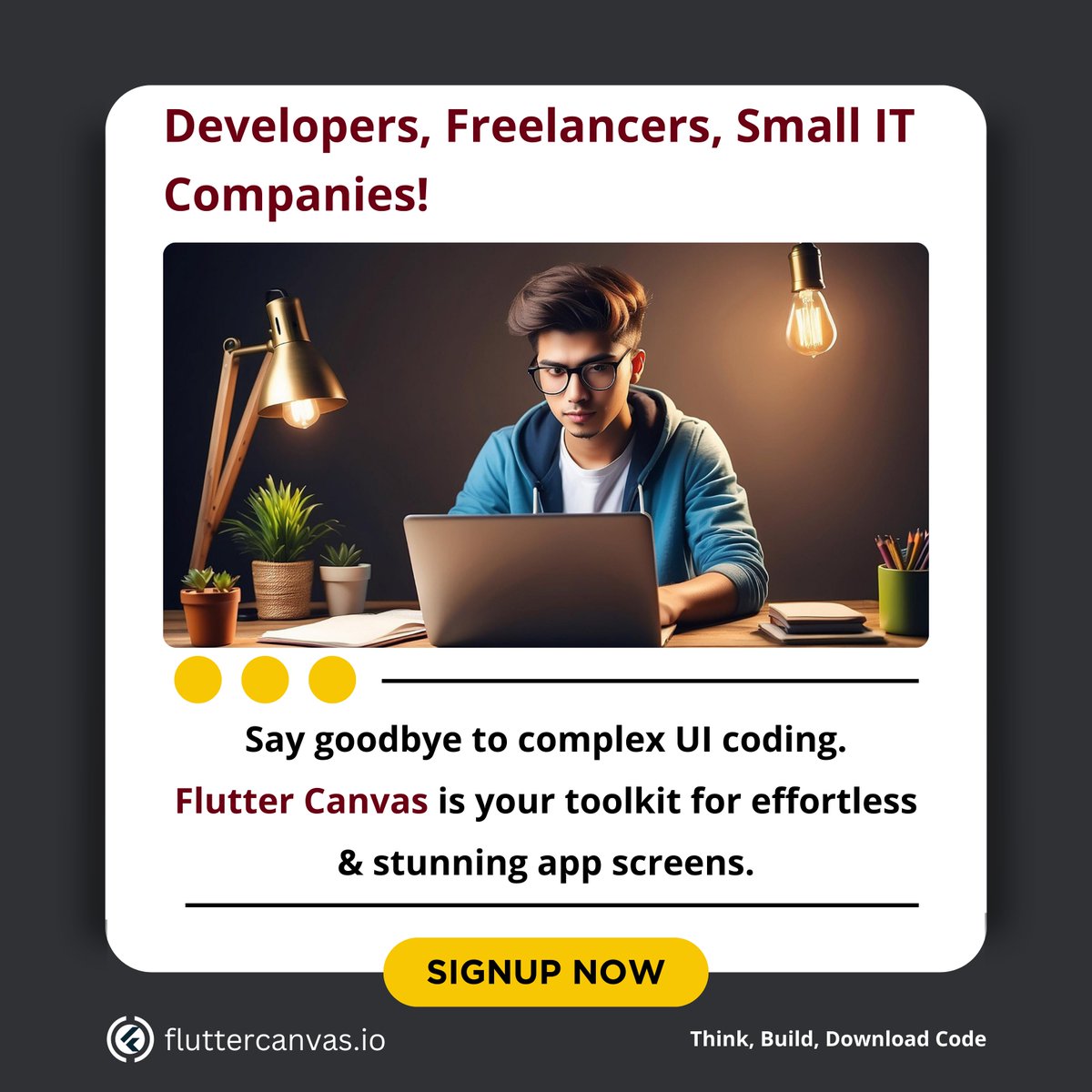 fluttercanvas's tweet image. Attention Developers, Freelancers, & Small IT Companies!
Simplify your UI coding with Flutter Canvas. Effortlessly create stunning app screens with our toolkit.
Think | Build | Download Code.
Learn more at: fluttercanvas.io
#developer #uiux @FlutterDev @FlutterNinjas