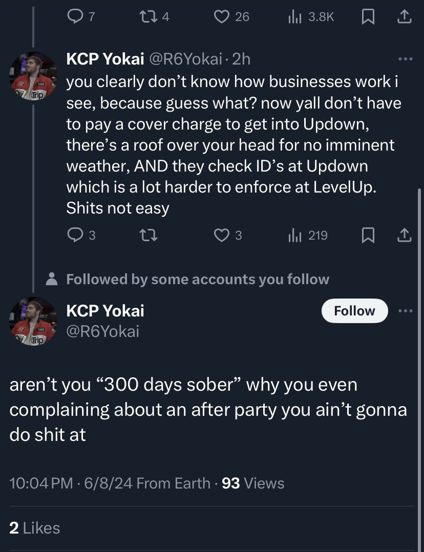 SplatteredGTI's tweet image. So it’s okay to attack someone’s sobriety because someone dropped the ball on the entire after party? You don’t need to drink alcoholic drinks to go to an after party. The ball was horribly dropped on the after party and VIP’s got absolutely shafted. @pioneersgg @R6Yokai