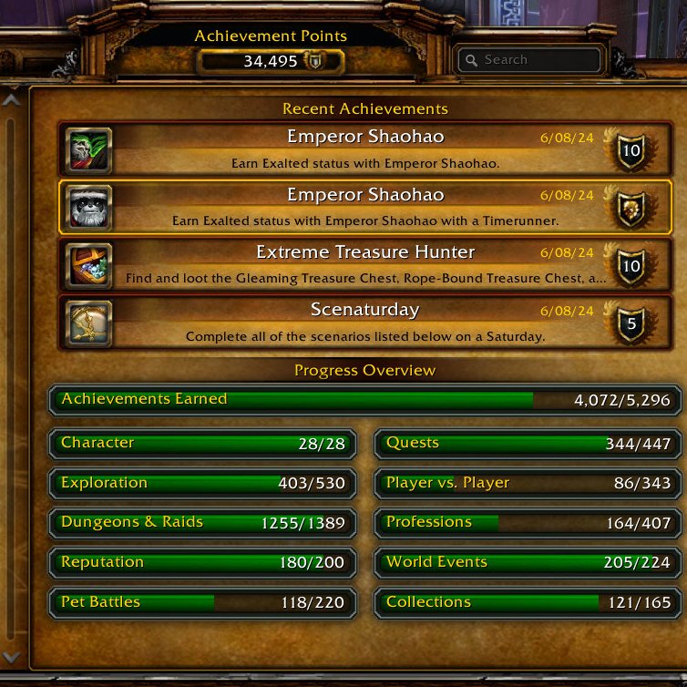 ReaperNevermore's tweet photo. and that my friends is all achievements earned on Remix, and all my gear fully upgraded. Only thing left is farming bronze for the remaining boa's i'm missing from garrosh! #Warcraft #MistsRemix https://t.co/lr2EGnVHQN