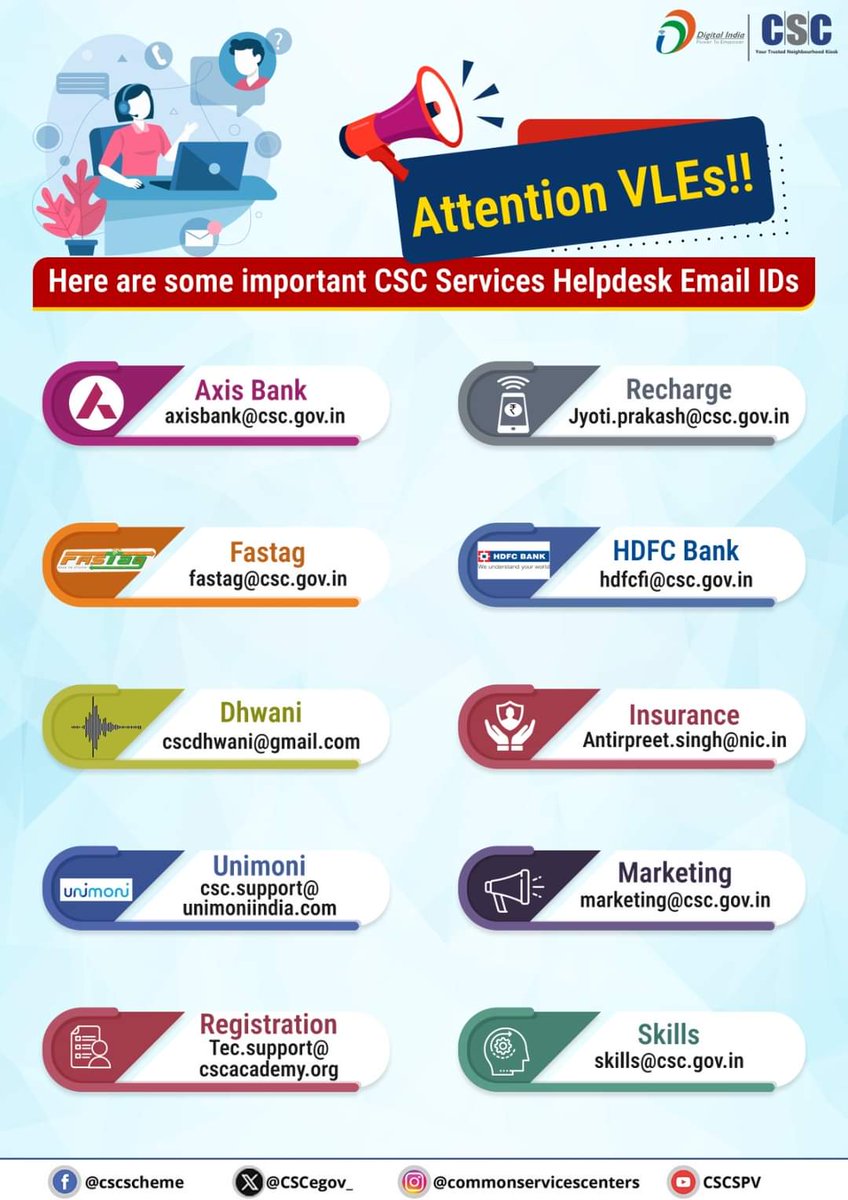 Attention VLEs!!

Here are some important #CSC Services Helpdesk Email IDs...

If you have any queries regarding specific services, contact us through the email address provided.

#DigitalIndia #CSCHelpdesk #CSCServiceEmails #DigitalIndia #RuralEmpowerment #Helpdesk