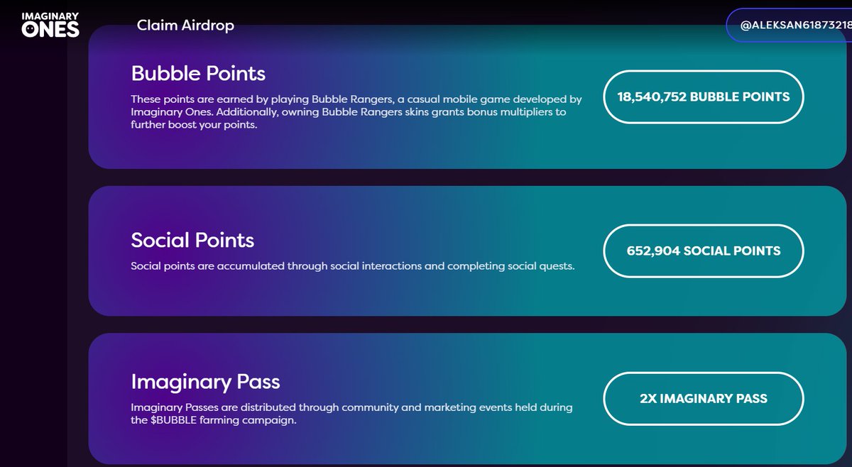 Aleksan61873218's tweet photo. My results of Airdrop Farming Season 1. On June 13th I will finally be able to receive my $BUBBLE. They will join the other $BUBBLE that I received for being an @Imaginary_Ones  holder and together they will wait for their time to be involved in staking 2.0 (soon). https://t.co/C0dgsFfZwr