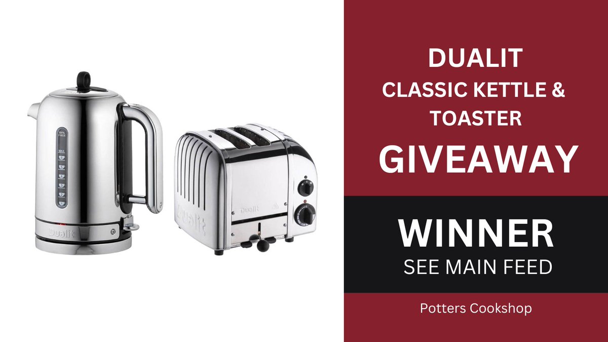 PottersCookshop's tweet photo. The #winner of our #DualitClassic Kettle & #Toaster #Giveaway is @ChrisA2468
Please get in touch to claim your #prize! Congrats!
Facebook - @Dualit
Instagram - @dualit_ltd
X - @DualitLtd
#cookshop #essex #potterscookshopdualit #dualitclassic #dualittoaster #giveaway https://t.co/2y8NGEZjIS