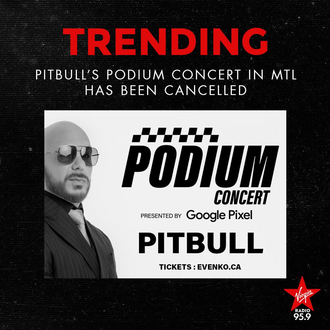 VirginRadioMTL's tweet photo. It seems Pitbull is not Mr. Worldwide after all. His Podium Concert at Parc Jean-Drapeau tonight as part of the Grand Prix festivities has been cancelled. The show was apparently called off due to a mechanical issue with his plane. Attendees have been promised a full refund. https://t.co/adWIFiCcwb