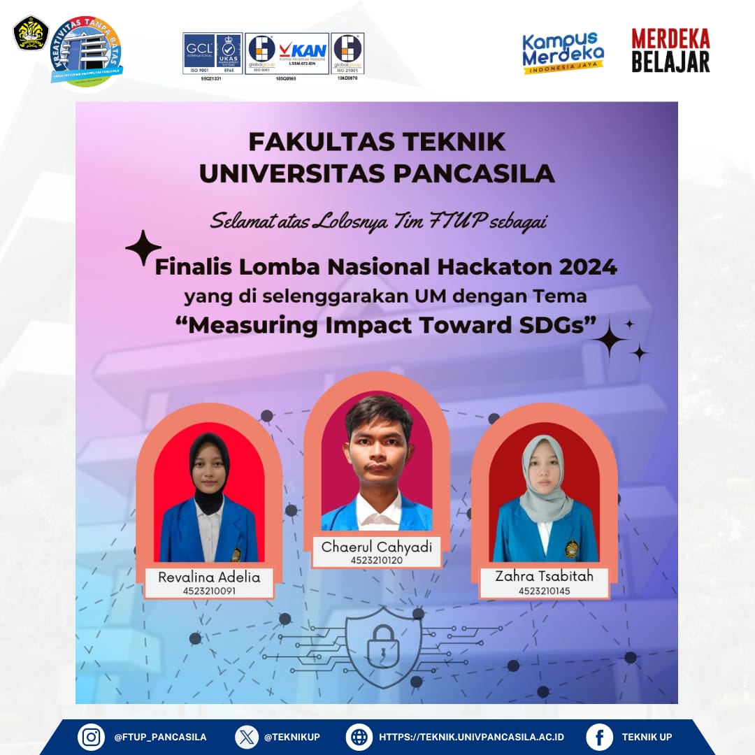 TeknikUp's tweet photo. Selamat atas lolosnya Tim FTUP sebagai Finalis Lomba Nasional Hackaton 2024 yang di selenggarakan UM dengan Tema "Measuring Impact Toward SDGs".
Terus semangat dalam meraih prestasi!
#FTUP #FakultasTeknik #UniversitasPancasila https://t.co/gh35qw6jF7