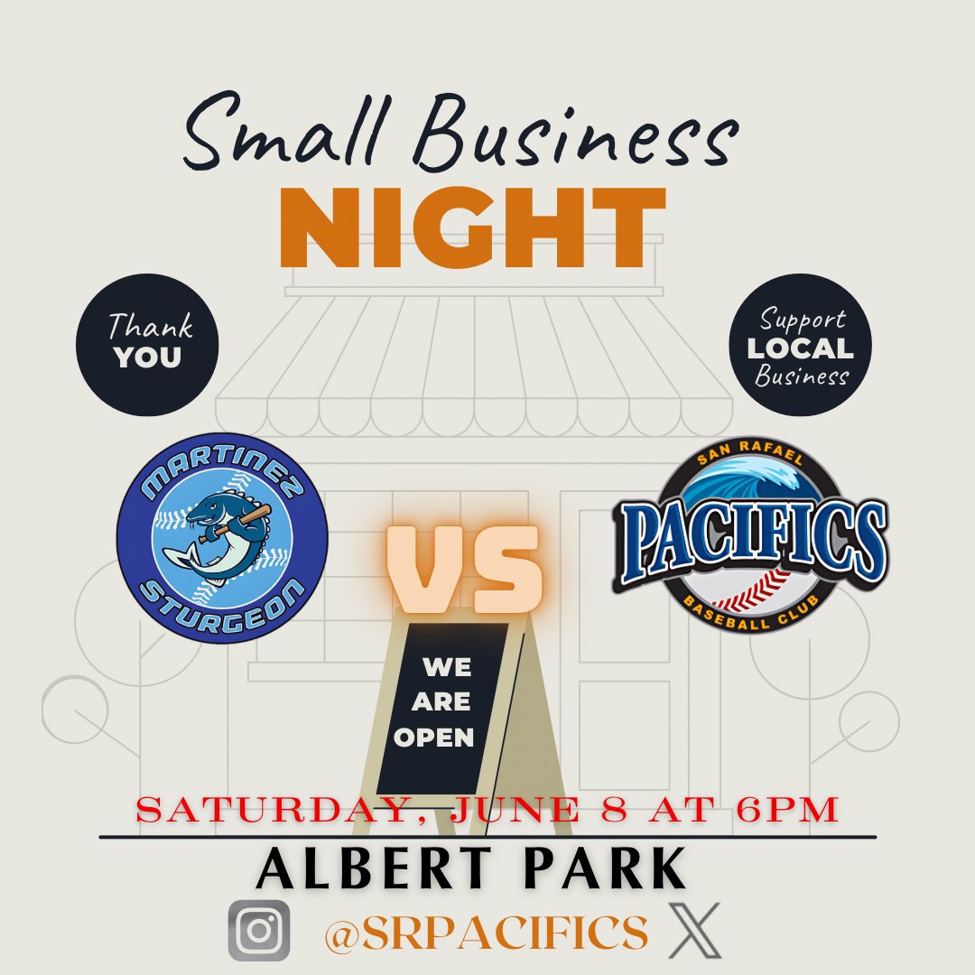 SRPacifics's tweet image. Tonight we celebrate Small Business Night at Albert Park! 

#PacAttack #MarinCounty #SanRafaelPacifics 🌊⚾️