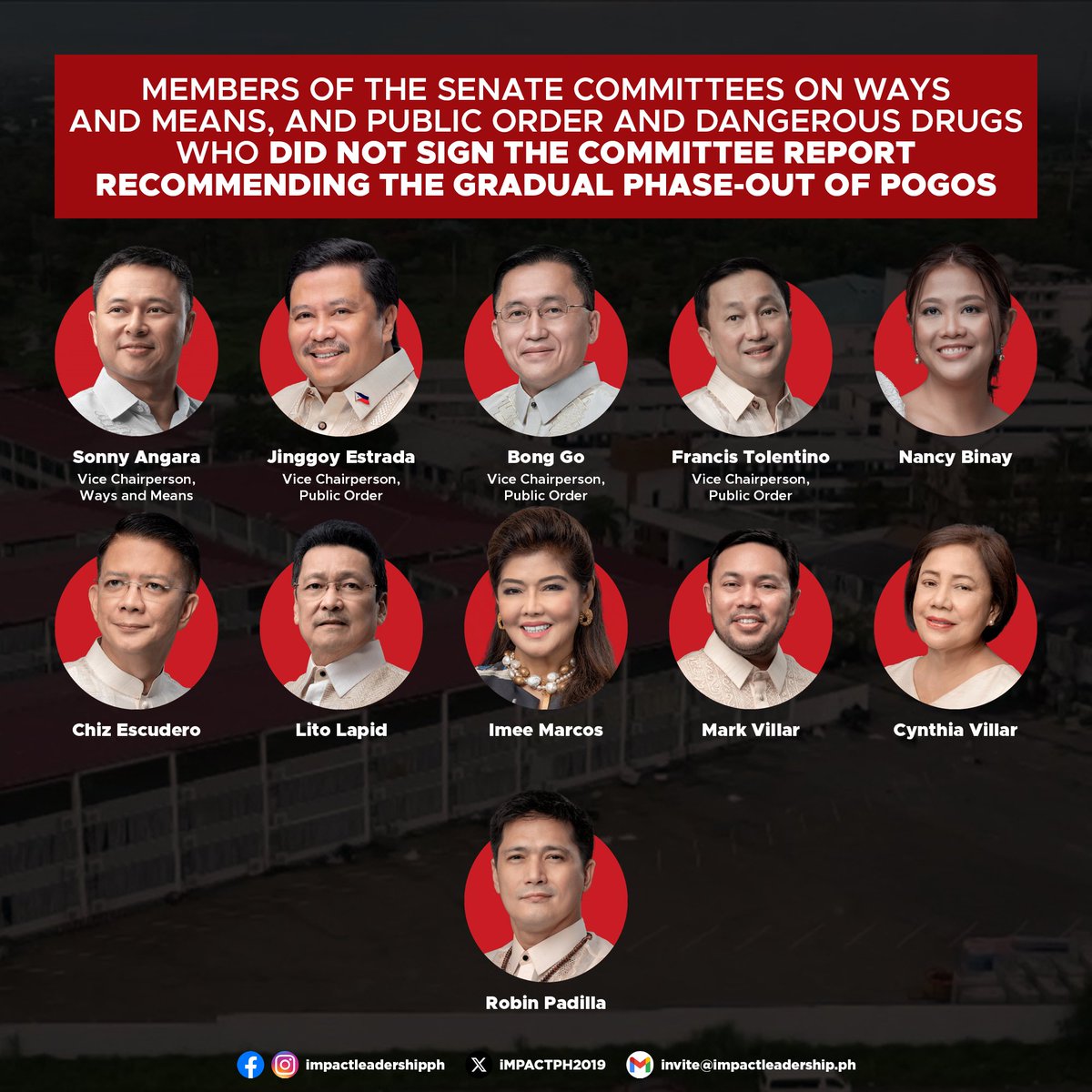 iMPACTPH2019's tweet image. SENATORS WHO DID NOT SIGN THE COMMITTEE REPORT RECOMMENDING THE GRADUAL PHASE-OUT OF POGOS

On September 20, 2023, Sen. Win Gatchalian, Chairperson of the Committee on Ways and Means, filed Committee Report No. 136, recommending the gradual phase-out of POGOs, among others.