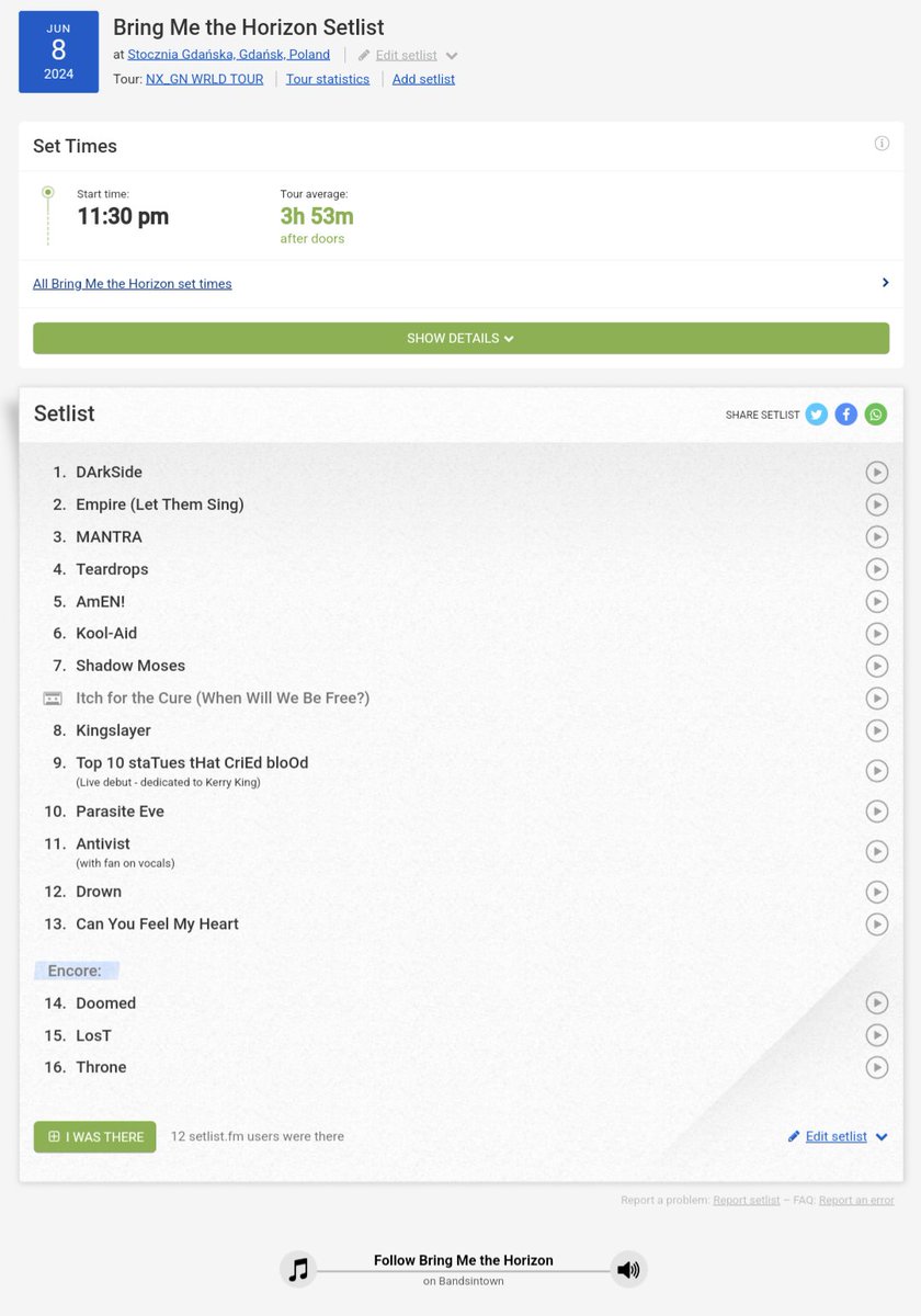 ArgentinaBmth's tweet image. Setlist del día 8 de Junio en Polonia con el debut de Top 10 staTues tHat CriEd bloOd.
#nexgen #bringmethehorizon