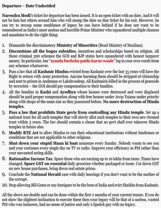 mediacrooks's tweet photo. DEPARTURE - @NarendraModi's ticket has already been issued.. an Open Ticket with no date yet. He has been the most divisive PM India has ever had with vulgar campaigns &amp; abuse of Hindu temples/Gods. Only one way to leave a better legacy is the action-list. https://t.co/vgVoJSgQ3G https://t.co/vTecVWlFWM