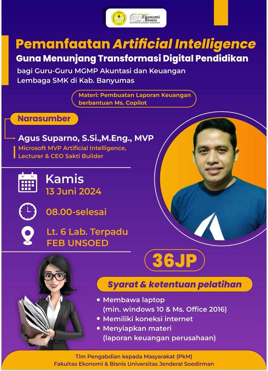agussuparno's tweet photo. Ini bukti AI bisa membantu diberbagai bidang ilmu.
Yuk merapat hari rabu tanggal 13 Juni 2024.
Lab terpadu FEB Universitas Jenderal Soedirman.
Eh tapi temen2 ku ada yg bidang akuntansi gak yah?? https://t.co/PtDTuksWxN