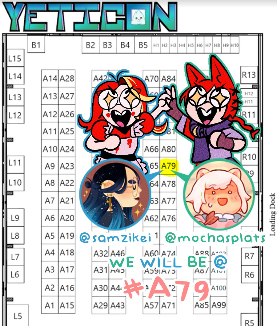 Hello! I will be tabling at #YetiCon with <a href="/MochaSplats/">Mocha🌷</a> (<a href="/mochamorii/">🍔( "´༥`"xxx) mochamorii (DT spoilers)</a> ) next weekend! Here is where we are on the map!!
Please come visit us!! We will be cosplaying in our booth as Niffty &amp; G'raha ~!

My catalogue will be linked in the thread! +