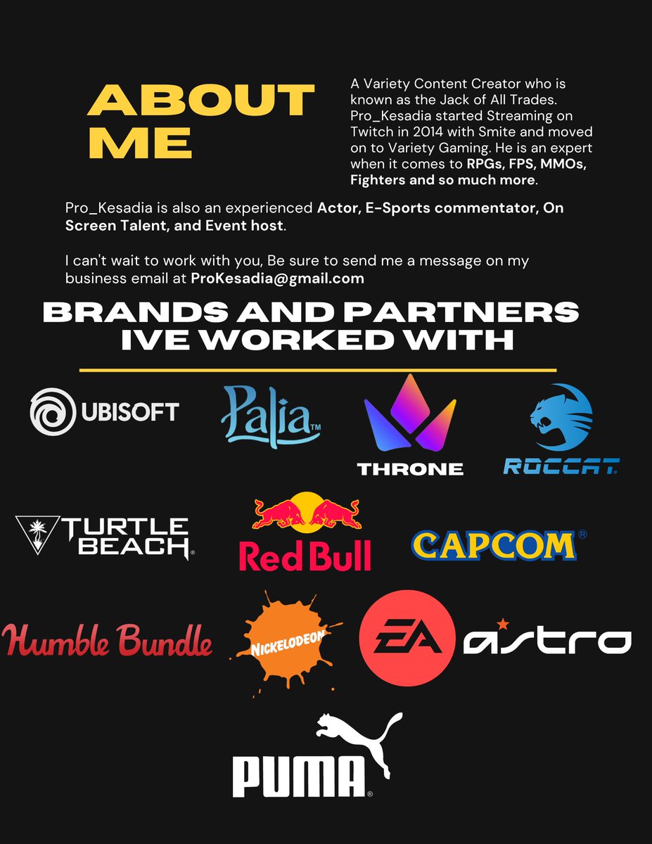 Pro_Kesadia's tweet image. Decided to update the Media Kit. If you are looking for a Content Creator who has that charisma, that quality, the experience, the presence and so much more!? Then look no further!
Can't wait to work with you! Email ProKesadia@gmail.com
(Retweet and spread the word!)