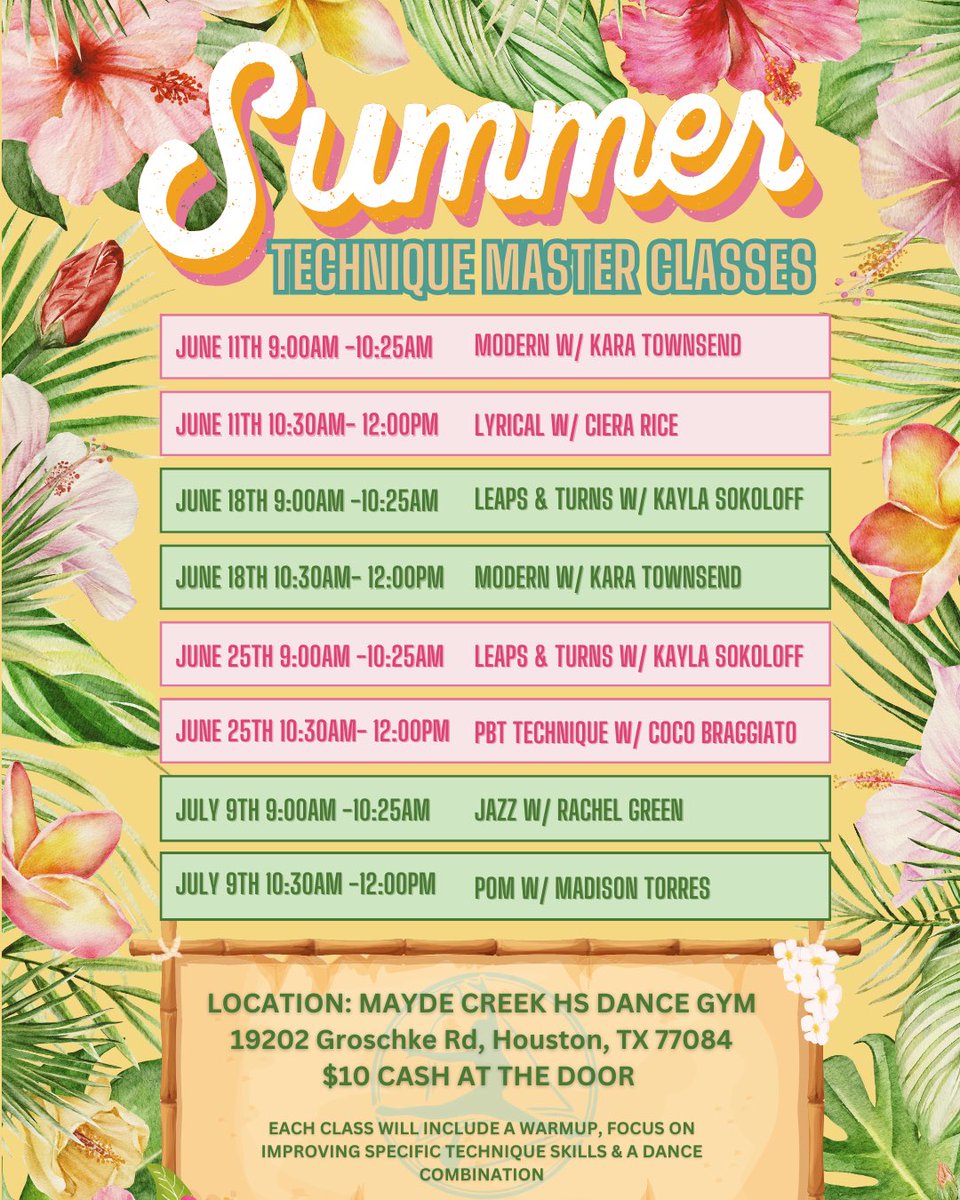 Come dance with us this Tuesday! All classes are going to be held in the Mayde Creek HS Dance Gym! ☀️
