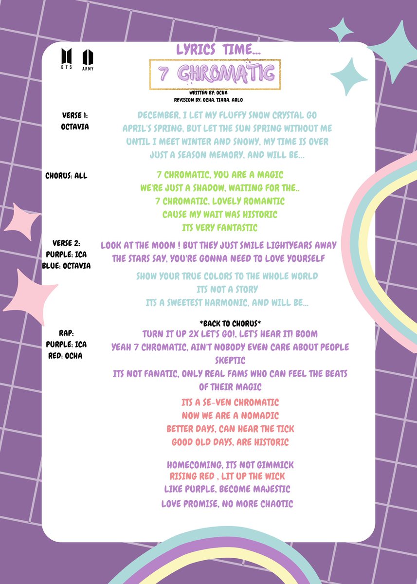 toarmyproject's tweet photo. Indonesia version
[A THREAD]
Lirik &amp; Alur cerita liriknya
 #7CHROMATIC 🎶🎨
Rilis 11 Juni 2024
#ARMYSONG #FESTA2024 
#FromARMYtoARMY #FromARMYtoBTS https://t.co/u4q5RhIqjM