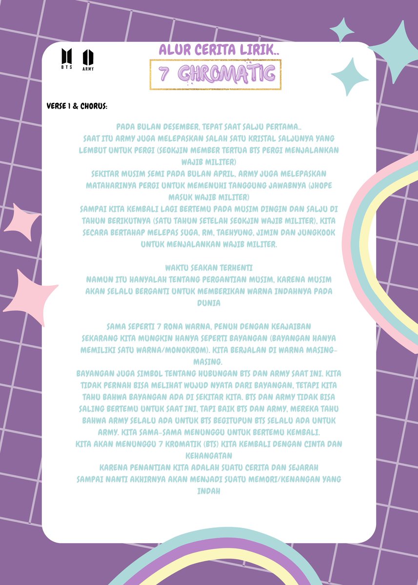 toarmyproject's tweet photo. Indonesia version
[A THREAD]
Lirik &amp; Alur cerita liriknya
 #7CHROMATIC 🎶🎨
Rilis 11 Juni 2024
#ARMYSONG #FESTA2024 
#FromARMYtoARMY #FromARMYtoBTS https://t.co/u4q5RhIqjM