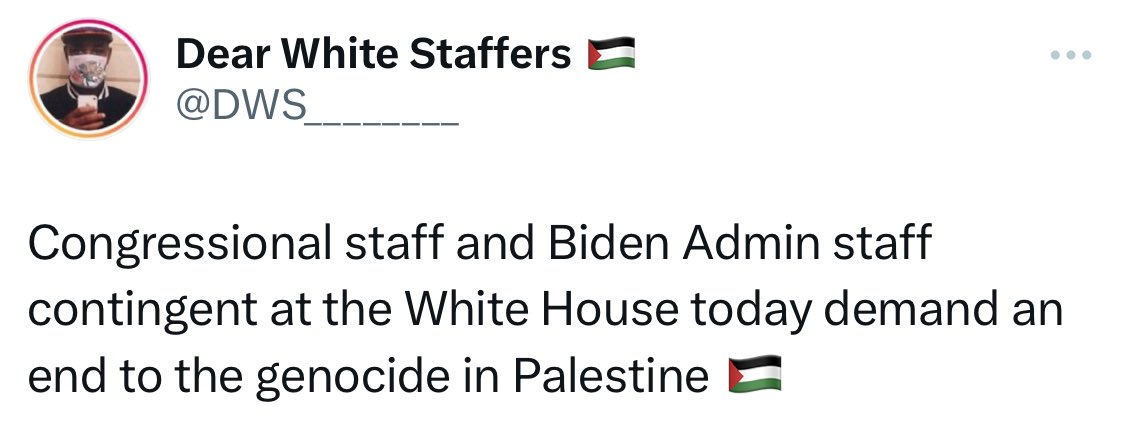 The Anti-Israel “Dear White Staffers” account is amplifying a rally whose participants were caught calling for the murder of “Zionists” and caught showing solidarity with Hamas and Hezbollah.  

The operator of the account is on the Congressional payroll. Your tax dollars are