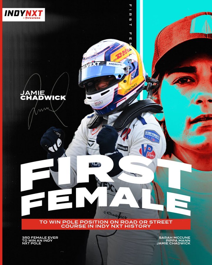 IndycarLatinos's tweet photo. Haciendo historia: @jamiechadwick es la primera mujer en hacer una pole en la @indynxt en un autódromo o circuito callejero. Las tres anteriores habían sido todas en óvalos.
#INDYNEXT // @jamiechadwick https://t.co/65S8UYK1v5