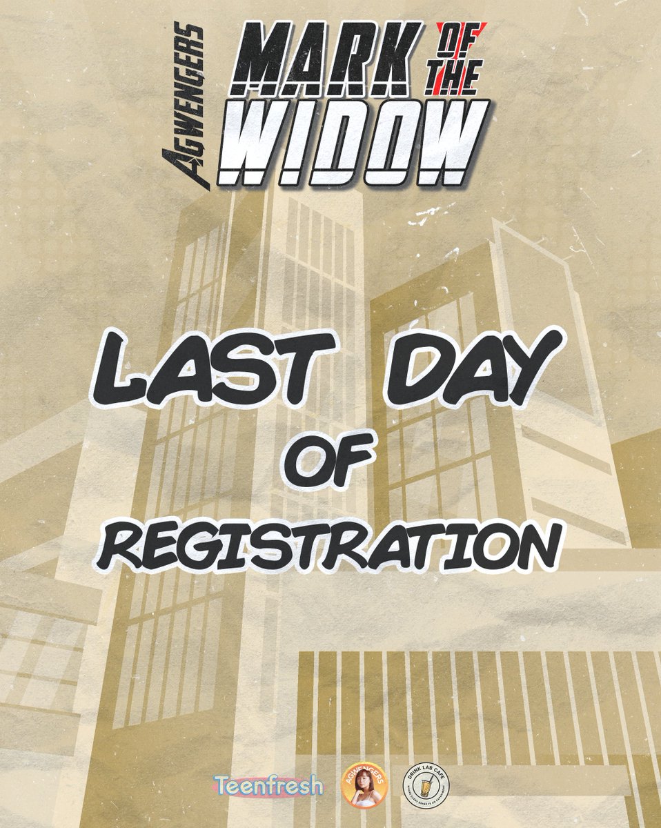 This is your last chance to register! Lots of prizes awaits 🖤

Mark of the Widow: Gwen Apuli Cupsleeve Event

📍 Drink Lab Cafe Araneta
📅 June 15, 2024
⏰ 2:00PM-6:00PM
✅Registration Form: bit.ly/3yJcyWz

#MarkoftheWidow #BINI #Gwen #Teenfresh
