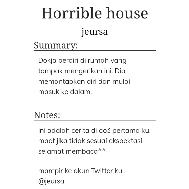 jeursa's tweet photo. ☆ 𝐇𝐨𝐫𝐫𝐢𝐛𝐥𝐞 𝐡𝐨𝐮𝐬𝐞
“bangun-bangun malah jadi istri.” -Kim Dokja

 ✪ fanfiction #joongdok
 ✪ Oneshoot 
 ✪ Rated E, 2k https://t.co/ReQQynRsfg