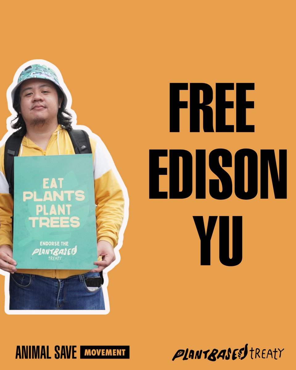 animalsavemvmt's tweet photo. Animal Save Movement and @Plant_Treaty call for the immediate release of Edison Yu, an animal rights and climate justice campaigner from Plant Based Treaty who was detained by the BGC-Taguig City Police in the Philippines on June 8 2024.

We are disturbed by reports that Edison Yu was assaulted and illegally detained by police, in the lead-up to a demonstration at the Israeli Embassy in support of a Ceasefire for Gaza. It is reported that police personnel attacked and apprehended Edison Yu for taking photos of a road blockade and police presence in the area.

“Edison Yu is a caring, nonviolent and dedicated team member who wants to secure a safe and just world for all living beings,” says Anita Krajnc (@animalrightsyay), Executive Director of Animal Save Movement and Global Campaign Coordinator for Plant Based Treaty. “I’ve known Edison Yu for over five years. He is a kind, gentle and compassionate animal and climate activist working for the Plant Based Treaty. I call upon his immediate release.” 

Animal Save Movement and Plant Based Treaty call on Mayor Mrs. Lani Cayetano and President Mr. @BongbongMarcos to intervene and ensure the safe and immediate release of Edison Yu.

#FreeEdisonYu #CeasefireNow