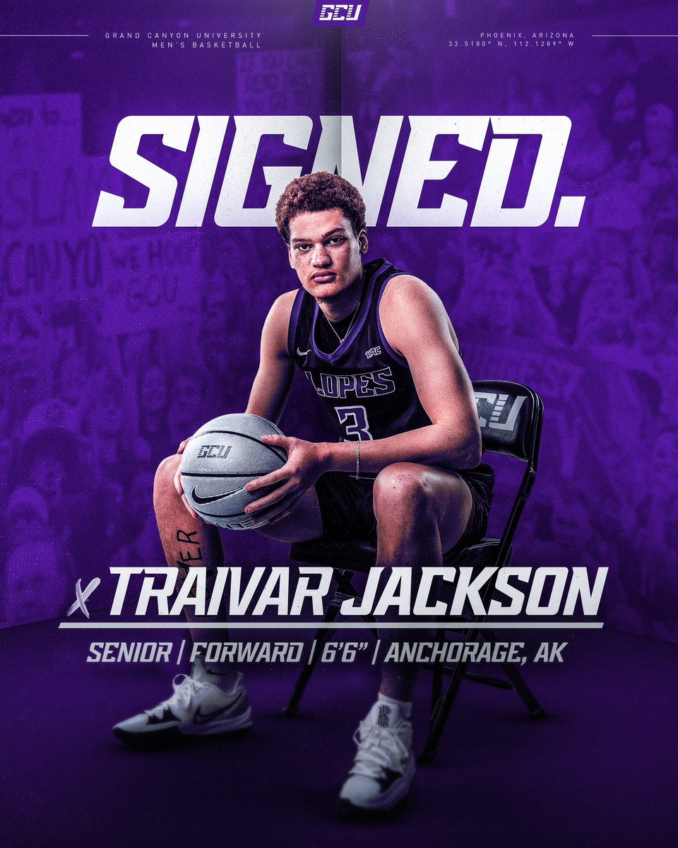 GCU_MBB's tweet photo. 𝗦𝗜𝗚𝗡𝗘𝗗. Senior forward and Alaska product Traivar Jackson is a Lope. 💜

#LopesUp https://t.co/8iWXkbAQDn
