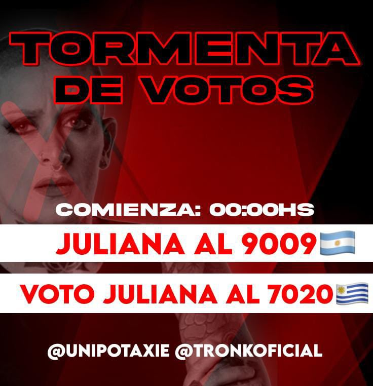 TORMENTA DE VOTOS A LAS 00:00hs

JULIANA AL 9009
VOTO JULIANA AL 7020

Cc: @unipotaxie