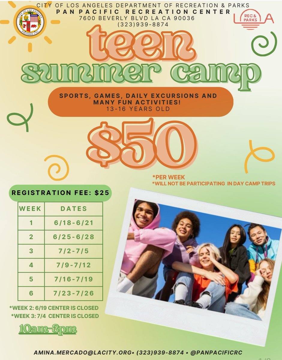 LACityParks's tweet photo. Teen SUMMER Camp at Pan Pacific Park! Perfect to keep them busy through the summer in a safe environment. $50.00 a week! See flyer for details. Have questions? Contact Amina!

#teencamp #panpacificrc #panpacificpark #summer #lacityparks #parkproudla #everythingunderthesun #CD5 https://t.co/xZsyh5NU82