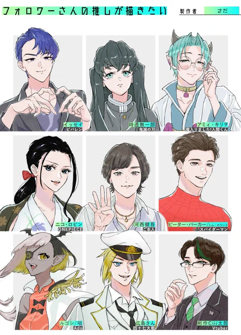 【フォロワーさんの推しが描きたい】

いただいたマシュマロ分です!ご協力ありがとうございました。とても助かり潤いました…!イッヒッヒ
みなさま描きごたえがあって楽しかったです🙋‍♀️🙋‍♀️

1枠空いたので、一番左下は直近自分の推しです🙋‍♀️
また描きたくなった時にご協力いただけましたら助かります🎯 