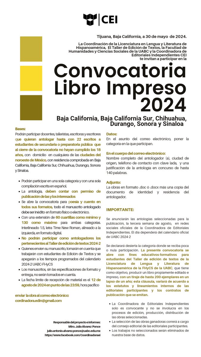 Maestras, maestros, talleristas del Noroeste hay una convocatoria abierta para antologar a sus estudiantes menores de 18 años al cierre de la convocatoria