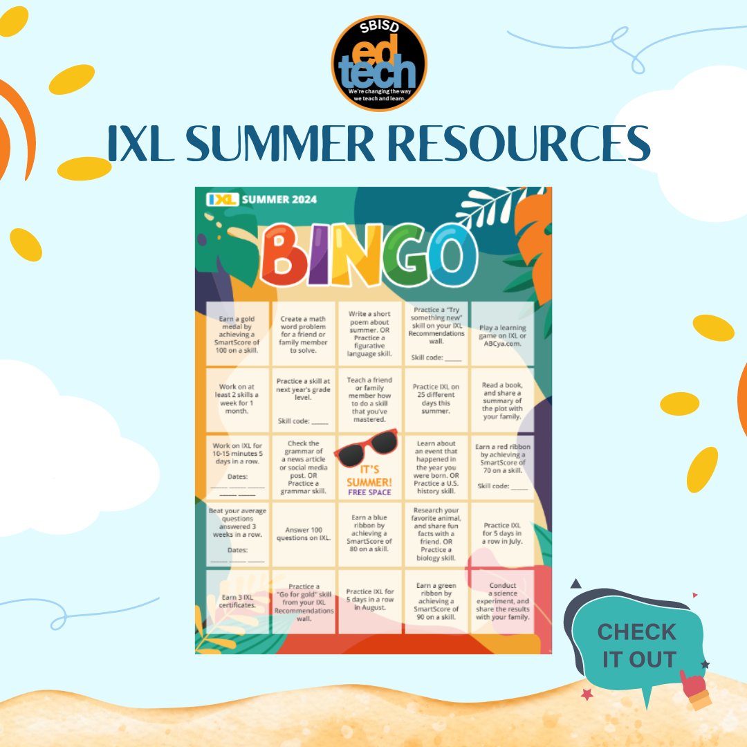 SBISD EdTech (@sbisdedtech) on Twitter photo ☀⛱We encourage all <a href="/sbisd/">Spring Branch ISD</a> students to keep practicing using <a href="/IXL/">Ian Fraser</a> this summer! Checkout the IXL Summer Bingo. Perfect for students to practice key skills & earn rewards! #IXL
🔗Link: ixl.com/resources/summ… ☀⛱We encourage all <a href="/sbisd/">Spring Branch ISD</a> students to keep practicing using <a href="/IXL/">Ian Fraser</a> this summer! Checkout the IXL Summer Bingo. Perfect for students to practice key skills & earn rewards! #IXL
🔗Link: ixl.com/resources/summ…
