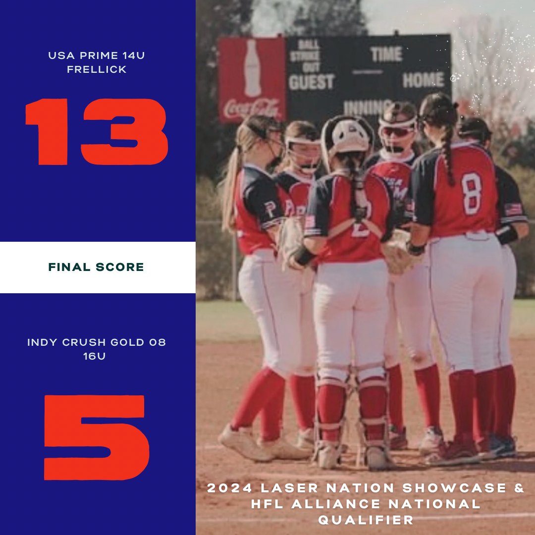 13 HITS for 13 RUNS! Absolute hitting clinic for USA Prime 14U Frellick today as they took the W over Indy Crush 08. 

2028 Kaylee Ketelhut led the offense going 3 for 3 with a double and 2 singles. 

<a href="/LaserShowcase/">Laser Nation Showcase</a>
