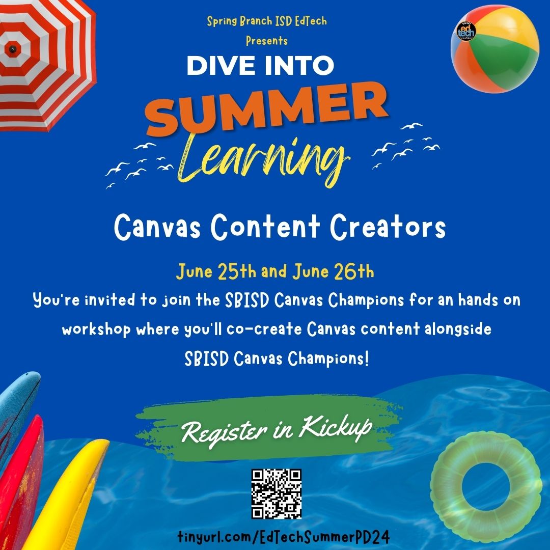SBISD EdTech (@sbisdedtech) on Twitter photo Dive into Summer Learning with our #SBCanvasChampions -- You will have an opportunity to create <a href="/Canvas_by_Inst/">Canvas by Instructure</a> content with support and learn more about best practices using Canvas.
Register to attend in Kickup.
🔗 tinyurl.com/EdTechSummerPD…
#SummerLearning #EdTechSummerPD24 Dive into Summer Learning with our #SBCanvasChampions -- You will have an opportunity to create <a href="/Canvas_by_Inst/">Canvas by Instructure</a> content with support and learn more about best practices using Canvas.
Register to attend in Kickup.
🔗 tinyurl.com/EdTechSummerPD…
#SummerLearning #EdTechSummerPD24