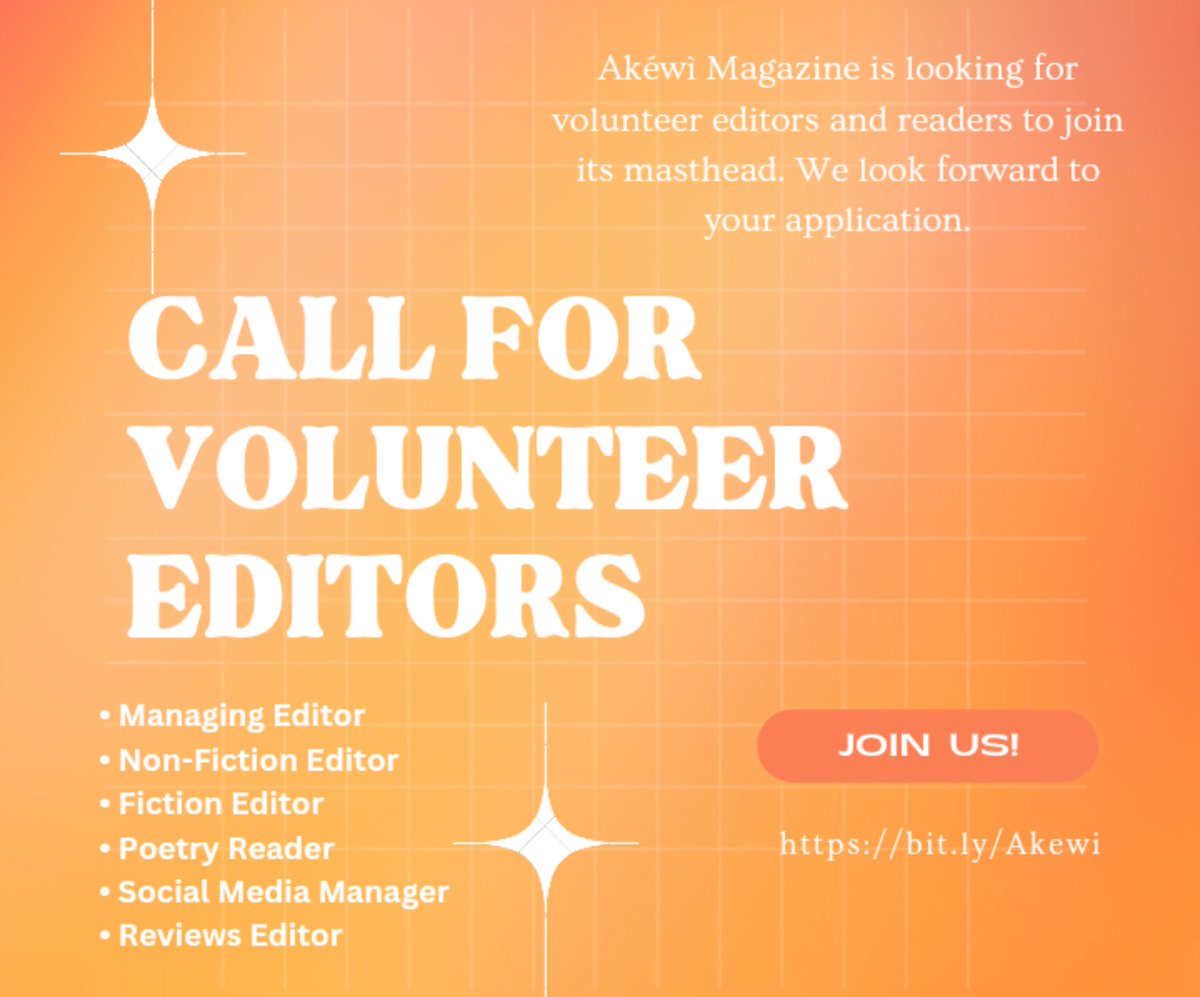 AkewiMagazine's tweet photo. Heyy there, we're currently looking for volunteer editors and a couple of readers to join the Akéwì Team. So, if you enjoy the work we do and would love to be a part of it, do not hesitate to apply.

Rough deadline is June 30.

Click the link to apply now: https://t.co/RjxyEflV4v https://t.co/yRW6XUQvUi