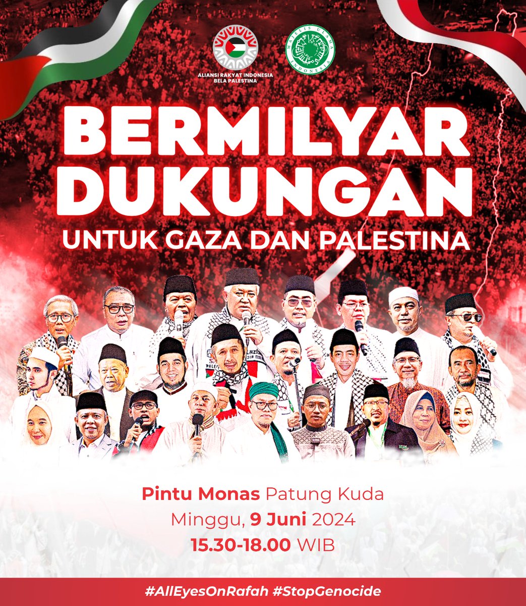 fahiraidris's tweet photo. 🇮🇩 Aksi Damai Bermilyar Dukungan Untuk G@za dan P@lestina 🇵🇸

Yuk di hari ahad, di hari libur, yg biasanya kita santai di rumah/ jalan2 dg keluarga, Yuk ubah destinasi kita, ajak seluruh keluarga, agar anak2 kita paham perjuangan rakyat P@lestina saat ini, Yuk yg ada luang waktu, Siapkan diri & keluarga kita, gunakan atribut P@lestina, Agar seluruh dunia tau, bahwa Indonesia terdepan membela P@lestina...

Catat tanggal dan waktunya:
🗓️Hari, Tanggal : Minggu, 9 Juni 2024
🕒Pukul : 15.30 - 18.00 WIB
📍Lokasi : Patung Kuda (Pintu Masuk Monas)

Disaat saudara kita dibantai, diam bukan jawaban!

📱 Follow kami di:
Instagram https://t.co/ayNIuJtOZz
X https://t.co/ayNIuJtOZz
https://t.co/jCxAy5BtRo