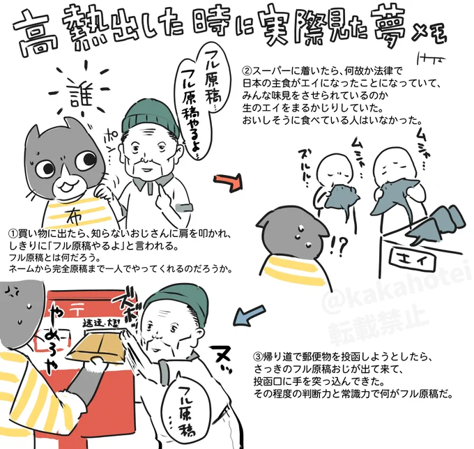 先日から40℃近い高熱を出して寝込んでたんですけど、その時に見た夢の記録です。

とくに怖いものはなく、フル原稿おじ、主食がエイという内容。 