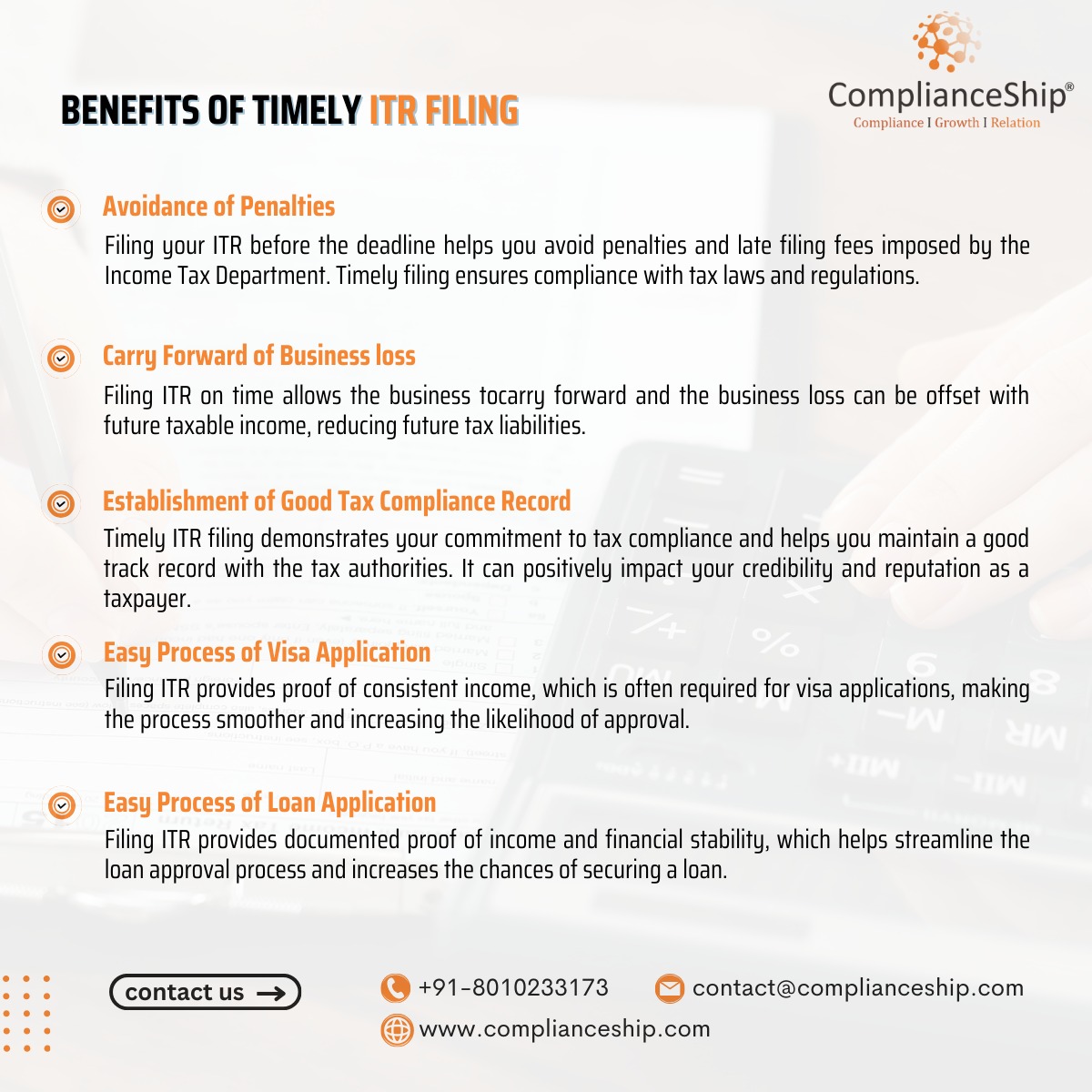 complianceship's tweet photo. Stay ahead of the game with timely ITR filing! 📈 Enjoy seamless visa and loan applications, carry forward business losses, and secure your financial future. Don't wait—file your ITR on time with Complianceship!
+91-8010233173
 contact@complianceship.com
 https://t.co/KsTtXJOEMe https://t.co/YuuriXyYCK