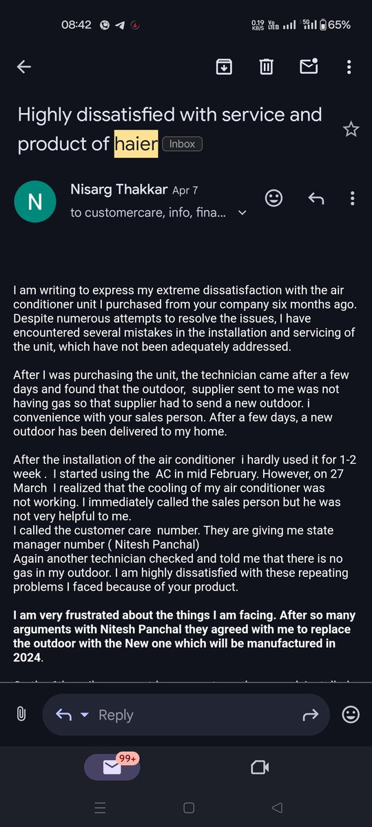 Nisarg32770071's tweet photo. I am extremely disappointed with my Haier air conditioner. It has consistently failed to perform as expected, causing endless frustration.multiple times gas leakage problems occur. My emails have gone unanswered for 2 months.
@IndiaHaier @HaierAppliances #CustomerServiceFail https://t.co/Gfr04kPKEX