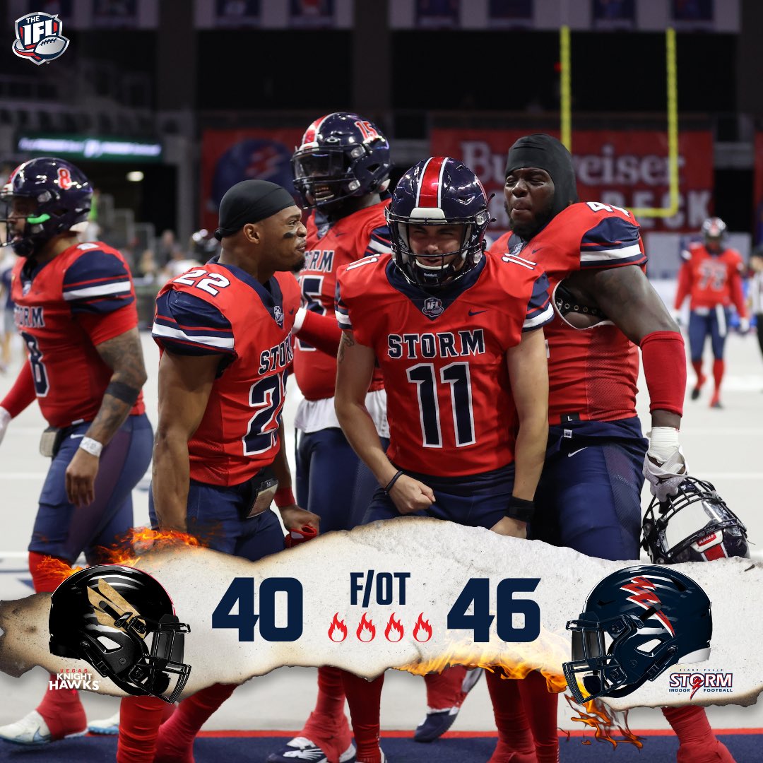 What an ending!!🤯 The Sioux Falls Storm (3-7) defeats the Vegas Knight Hawks (7-3) in overtime 46-40‼️ #FiredUpIFL #TheIndoorWar