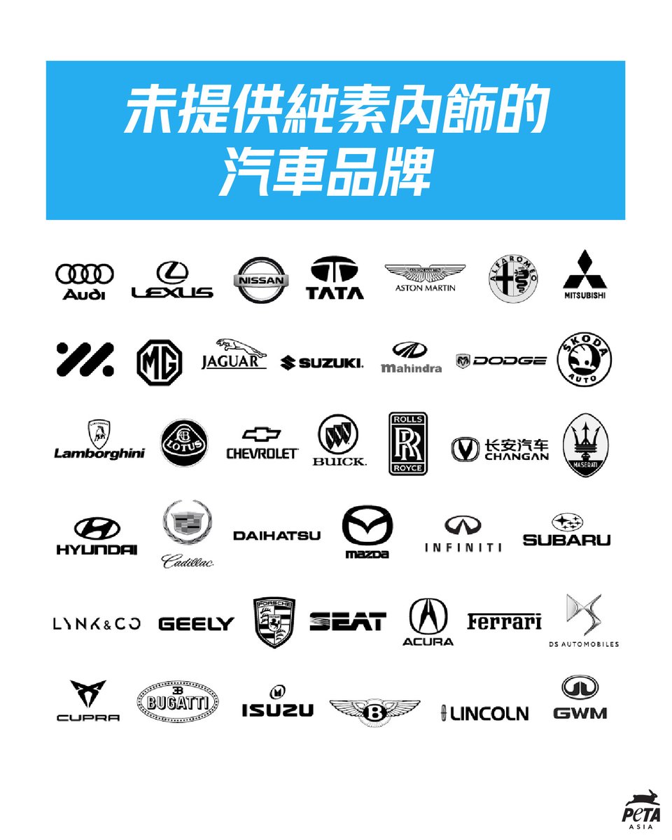 當你的愛車被動物的屍皮包裹，是不是很陰間？

近期，PETA一項關於汽車業使用動物材質的研究發現，一些品牌的部分車型已使用可持續材料替代真皮和羊毛，包括比亞迪、梅賽德斯賓士、富豪、雷諾、大眾、標緻等👏