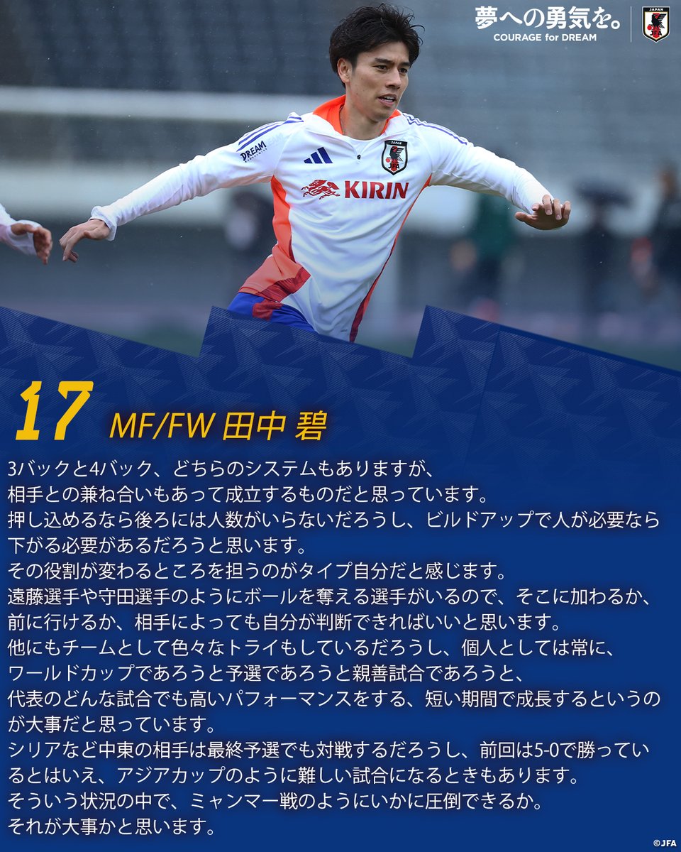 jfa_samuraiblue's tweet photo. 🔹𝗦𝗔𝗠𝗨𝗥𝗔𝗜 𝗕𝗟𝗨𝗘🔹
【2024.6.8 練習後コメント✍️】

17 MF/FW #田中碧

🏆FIFA #ワールドカップ 26アジア2次予選 兼AFC #アジアカップ サウジアラビア2027予選
🗓️6.11(火)⌚️19:10(🇯🇵)
🆚シリア代表🇸🇾
🏟エディオンピースウイング広島(広島)
📺#フジテレビ 系列にて全国生中継
📱#TVer にて生配信

#夢への勇気を #SAMURAIBLUE
#jfa #daihyo #サッカー日本代表