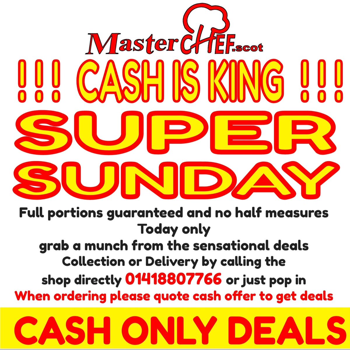 masterchef_scot's tweet image. CASH IS KING PROMO
Thursday Deals grab a munch from the sensational deals Collection or Delivery by calling the shop directly 01418807766 CASH ONLY DEALS  (when placing the order you will have to mention PROMO) T&amp;amp;C
