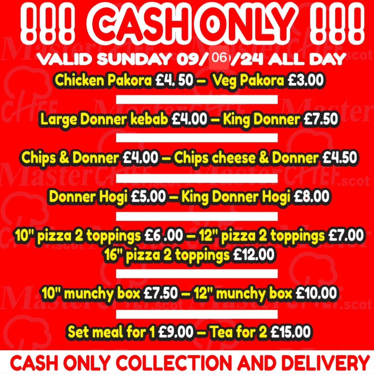 masterchef_scot's tweet image. CASH IS KING PROMO
Thursday Deals grab a munch from the sensational deals Collection or Delivery by calling the shop directly 01418807766 CASH ONLY DEALS  (when placing the order you will have to mention PROMO) T&amp;amp;C