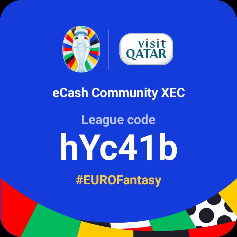 JardineCash's tweet photo. Euro 24 football fantasy league
All #crypto communities are welcome to join:
Link to enter here:
https://t.co/Hq6wzjuH4C
Code below:
#ada #sol #eth #btc #crypto #amp $STASH
1,000,000 $XEC prize pool.
All u need is a @CashtabWallet if U win. Can keep the XEC or swap https://t.co/fuIrS1GXU9