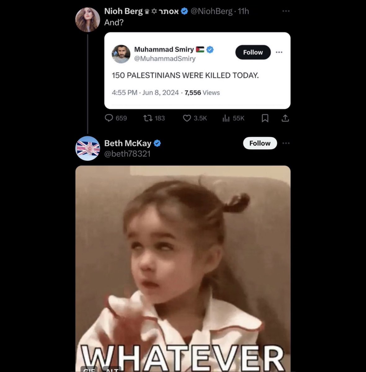 🇮🇱 This screenshot is a microcosm of conservative-Zionism.

At the top, you have an Israeli showing no sympathy for dead Palestinians.

At the bottom, you have a British-Zionist who I’m sure sees herself as a ‘patriot.’

Now if we asked the Israeli in this conversation:

“Do you