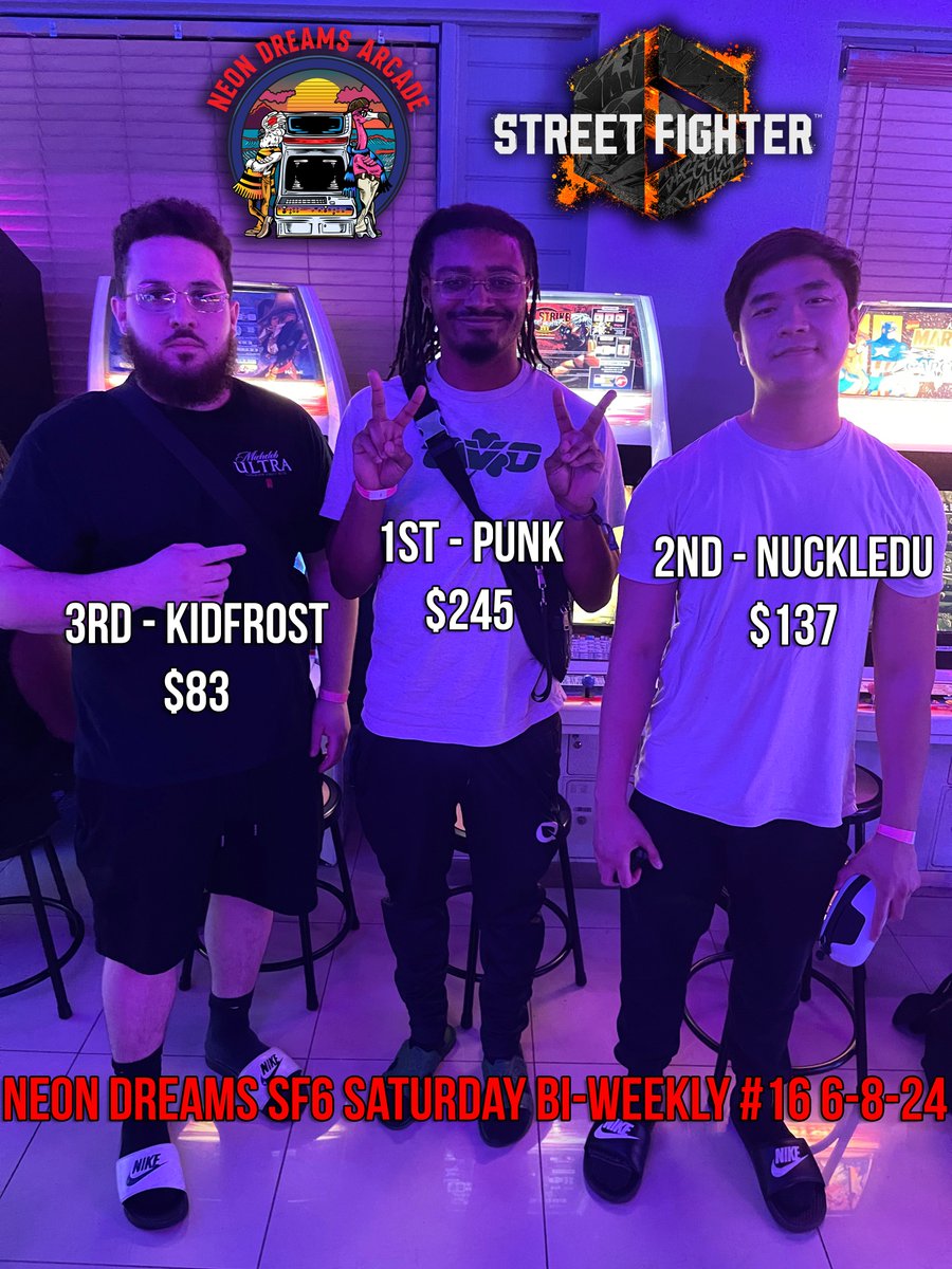 neondreamscafe's tweet image. Results from Tonight's super stacked SF6 bracket! Thanks to everyone for making these events so hype, we wouldn't be here without all of you! 
🥇 @PunkDaGod 
🥈 @NuckleDuDang 
🥉 @ALT_KidFrost_
🏅 Paradise
5th ABY  / @TheSimpleTricks 
7th KV / @nate_fearless
