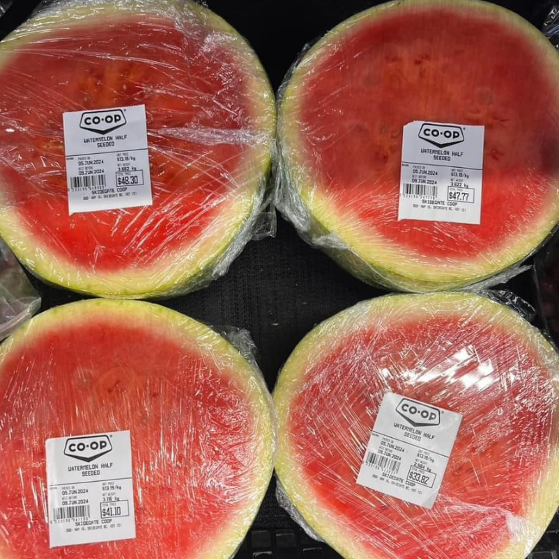 cath_garrett's tweet photo. Food prices are high everywhere but check out the price of watermelon halves on Haida Gwaii right now: https://t.co/N3lHHZGP3H