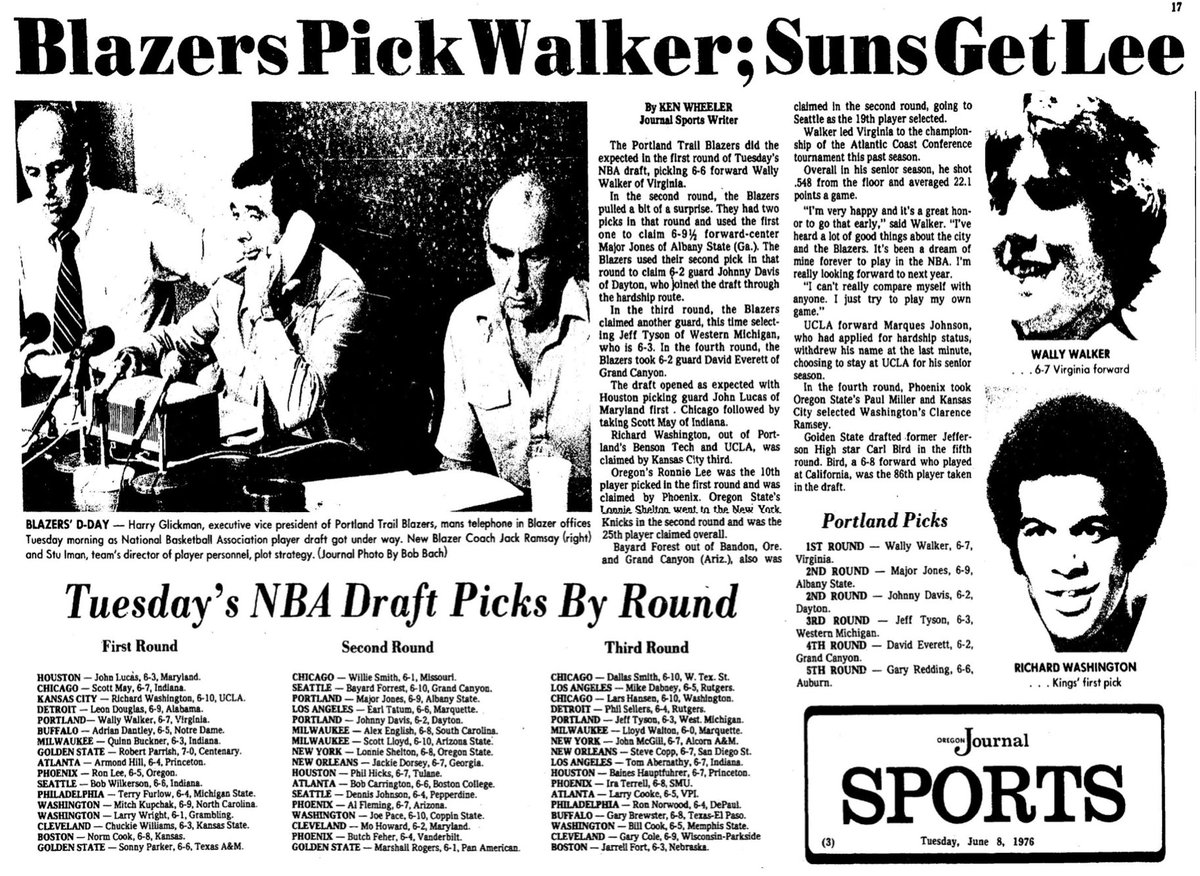 77Blazers's tweet photo. June 8 1976 - With the 6th pick in the 1976 @NBA Draft, the @trailblazers select #WallyWalker from @UVAMensHoops. 

While local fans were hoping the #Blazers would select @OregonMBB legend #RonLee, the Blazers front office was looking to select Walker from the start. Portland Executive VP #StuInman said, "We think he (Walker) is a better player," adding, "We thought he (Lee) would be available" in the second round.

#Portland also selected #MajorJones of @AlbanyStateUniv with the 20th pick and #JohnnyDavis of @DaytonMBB with the 22nd. 

#RipCity #ThisDateinBlazersHistory