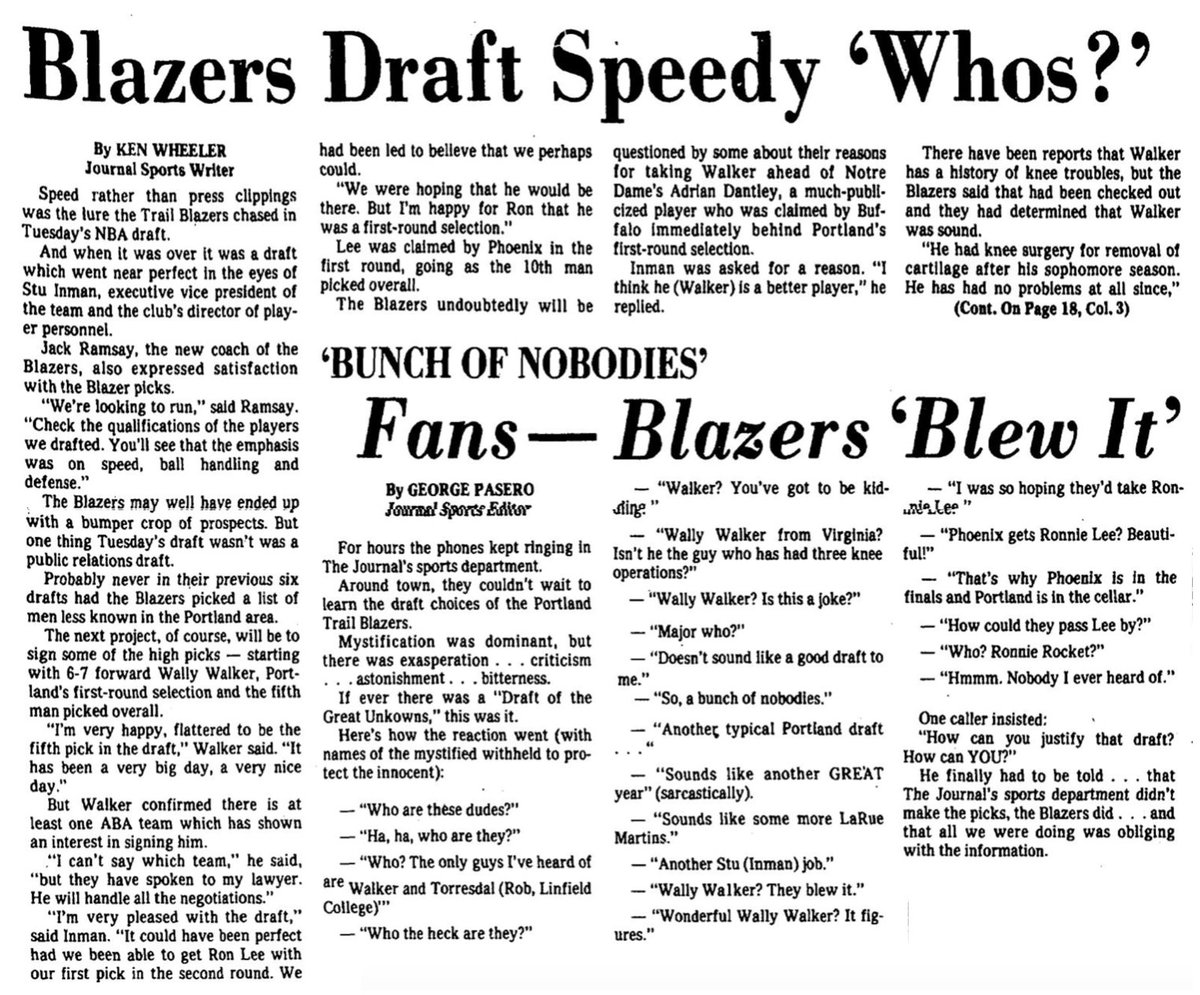 77Blazers's tweet photo. June 8 1976 - With the 6th pick in the 1976 @NBA Draft, the @trailblazers select #WallyWalker from @UVAMensHoops. 

While local fans were hoping the #Blazers would select @OregonMBB legend #RonLee, the Blazers front office was looking to select Walker from the start. Portland Executive VP #StuInman said, "We think he (Walker) is a better player," adding, "We thought he (Lee) would be available" in the second round.

#Portland also selected #MajorJones of @AlbanyStateUniv with the 20th pick and #JohnnyDavis of @DaytonMBB with the 22nd. 

#RipCity #ThisDateinBlazersHistory