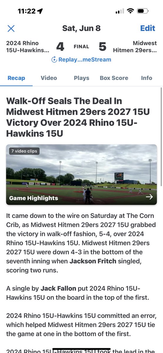 EGbaseball13's tweet photo. Walk off for Fritchie 💪🏽
Onto Sunday boys! Let’s get it
#chasingbarrels @TJHannam10 @GeneseoBaseball @MW_Hitmen https://t.co/r39r4671mp