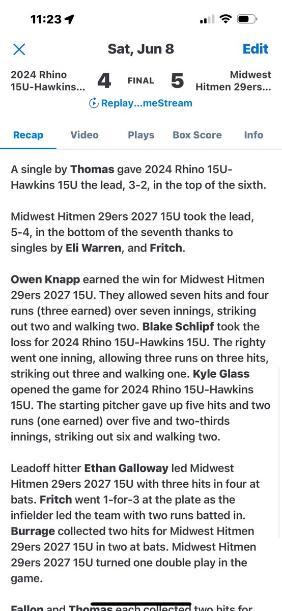 EGbaseball13's tweet photo. Walk off for Fritchie 💪🏽
Onto Sunday boys! Let’s get it
#chasingbarrels @TJHannam10 @GeneseoBaseball @MW_Hitmen https://t.co/r39r4671mp